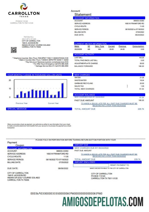 Para baixar modelo de conta de serviços públicos dos EUA Texas Carrollton em formato Word e PDF